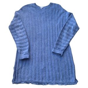 J.Jill Blue Textured Ribbed Oversized Sweater Faux Button Back Frayed Hem L